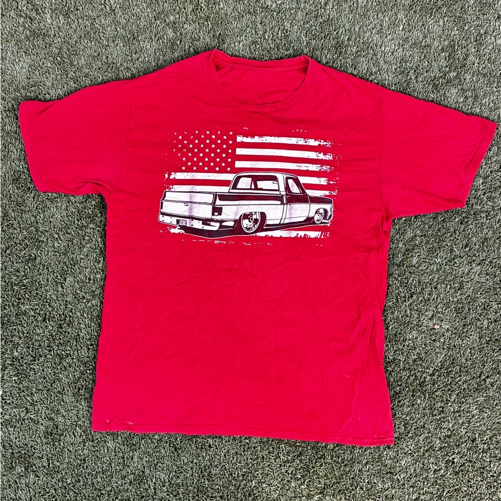 Red Graphic T-Shirt with American Flag and Truck Design